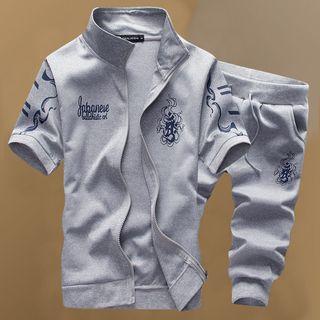 Set : Printed Short-sleeve Jacket + Cropped Pants
