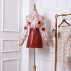 Set: Heart Pattern Shirt + Faux Leather A-line Mini Skirt