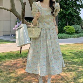 Puff-sleeve Floral Printed Square-neck Top / Midi Skirt