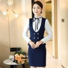 Double Breasted Vest / Long-sleeve Stand Collar Shirt / Mini Pencil Skirt / Set