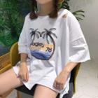 Ripped Elbow-sleeve Printed T-shirt