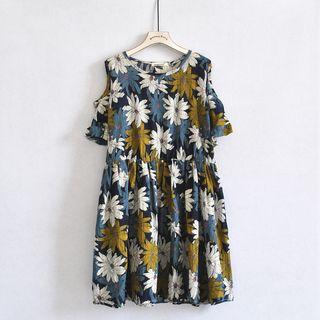Cold Shoulder Floral Print Short-sleeve A-line Dress