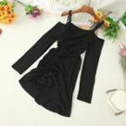 Cold-shoulder Long-sleeve Drawstring A-line Mini Dress