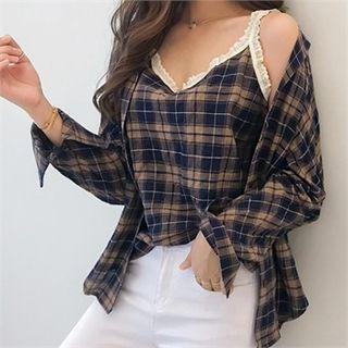 Notched-collar Plaid Shirt & Cami Set