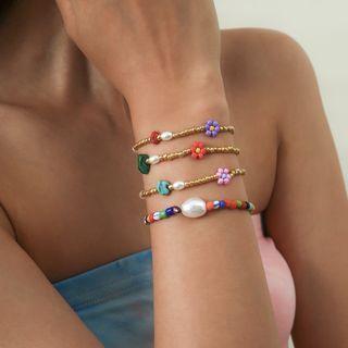 Flower Bead Faux Pearl Bracelet 2338 - Gold - One Size