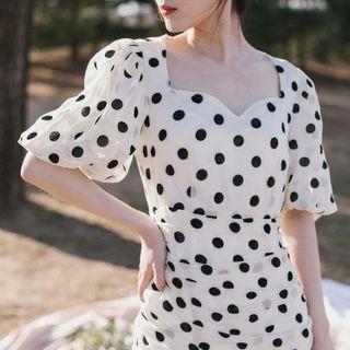 Puff-sleeve Polka Dot Midi Dress