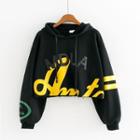 Faux Leather Applique Lettering Cropped Hoodie