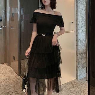 Off-shoulder Tiered Mesh Cocktail Dress