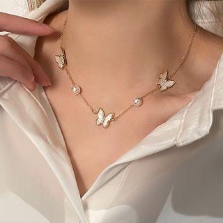 Butterfly Shell Faux Pearl Choker Gold - One Size