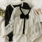 Patchwork Ribbon-accent Button-up Knit Top