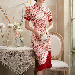 Short-sleeve Floral Print Ruffle Hem Midi Qipao