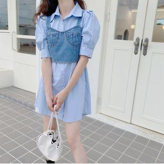 Denim Camisole / Puff-sleeve Plain Shirt Dress