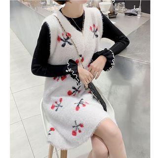 Sleeveless Cherry Print Mini Knit Dress White - One Size