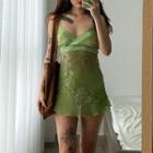 Spaghetti Strap V-neck Floral Print Mini Mesh Dress