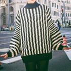 Mock-neck Oversized Patterned Sweater Stripes - Black & White - One Size