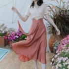Set: Short-sleeve Lace Blouse + Plain Midi A-line Skirt