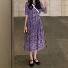 Elbow-sleeve Floral A-line Midi Dress Purple - One Size