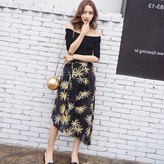 Set: Elbow-sleeve T-shirt + Floral Midi Skirt