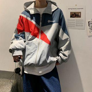 Letter Printed Color Block Hooded Zipped Jacket