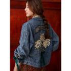 Beribboned Flower-embroidered Denim Jacket Blue - One Size