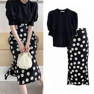 Puff-sleeve Top / Floral Midi Pencil Skirt