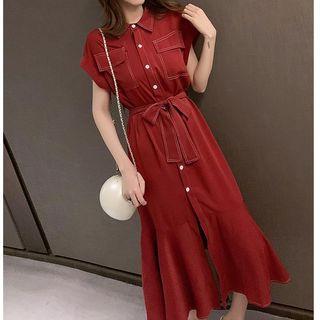 Contrast Stitching Cap-sleeve Midi Shirtdress