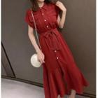 Contrast Stitching Cap-sleeve Midi Shirtdress