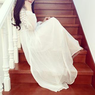 Long-sleeve Lace Panel Chiffon Midi Dress