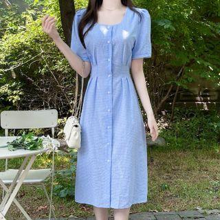 Square-neck Pintuck Midi Checked Dress