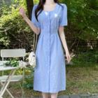 Square-neck Pintuck Midi Checked Dress
