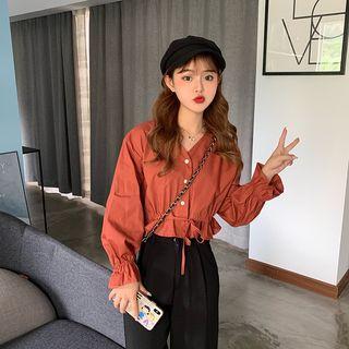 V-neck Long-sleeved Drawstring Shirt