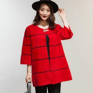 Striped 3/4 Sleeve Long Knit Coat
