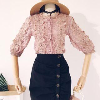 Elbow-sleeve Band Collar Lace Shirt