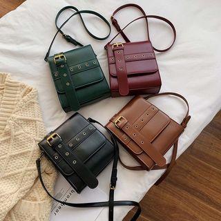 Faux Leather Grommet Buckled Crossbody Bag