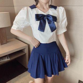 Set: Puff-sleeve Bow Cropped Blouse + Mini A-line Skirt