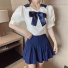 Set: Puff-sleeve Bow Cropped Blouse + Mini A-line Skirt