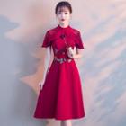 Short-sleeve Embroidered A-line Midi Prom Dress