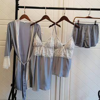 Loungewear Set : Lace Trim Suspender Sleep Dress + Camisole Top + Shorts + Robe