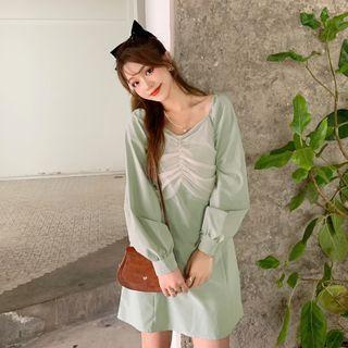 Mesh Panel Long-sleeve Mini Shift Dress
