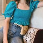 Retro Embroidered Cutout Square-neck Puff-sleeve Top
