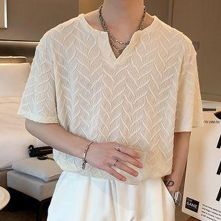 Elbow-sleeve Split-neck T-shirt