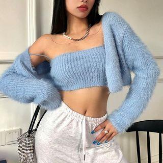 Set: Plain Cardigan + Tube Top Set Of 2 - Cardigan & Top - Blue - One Size