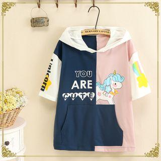 Short-sleeve Unicorn Print Hoodie As Shown In Figure - One Size