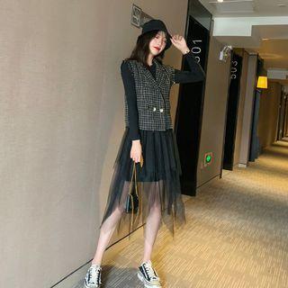 Set: Long-sleeve Mesh-overlay Midi Dress + Tweed Vest