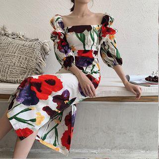 Flower Print Lantern-sleeve Midi Sheath Dress
