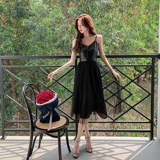 Spaghetti Strap Faux Leather Panel A-line Mesh Dress