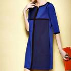 Elbow-sleeve Color Block A-line Dress