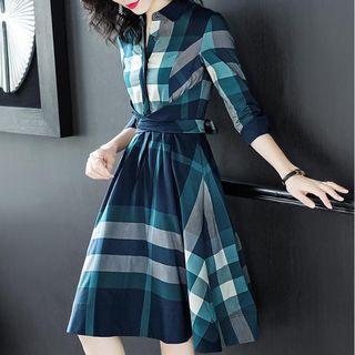 3/4-sleeve Buttoned Plaid A-line Dress