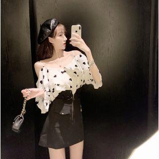 Heart Print Ruffle Cold-shoulder Blouse / Mini A-line Skirt
