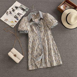Puff-sleeve Denim Panel Floral Mini A-line Dress